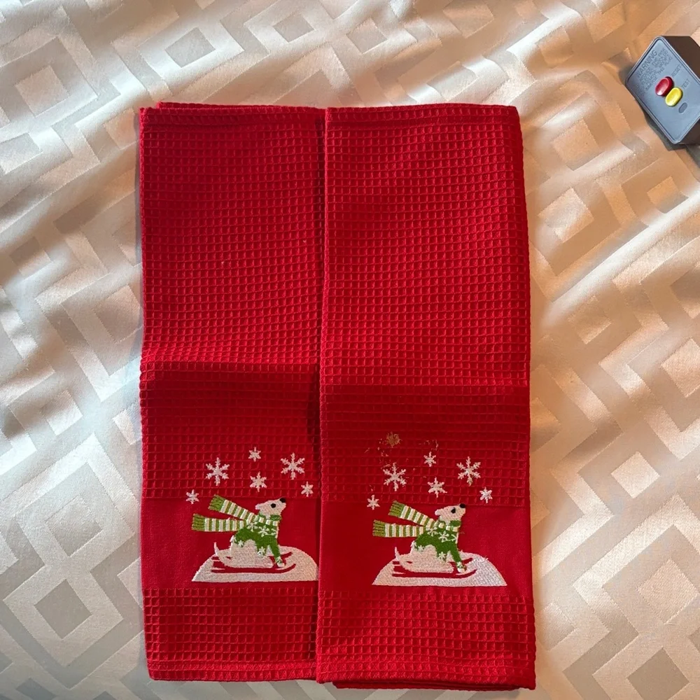 Crate&Barrel Red Kitchen Towels with Snowman Design